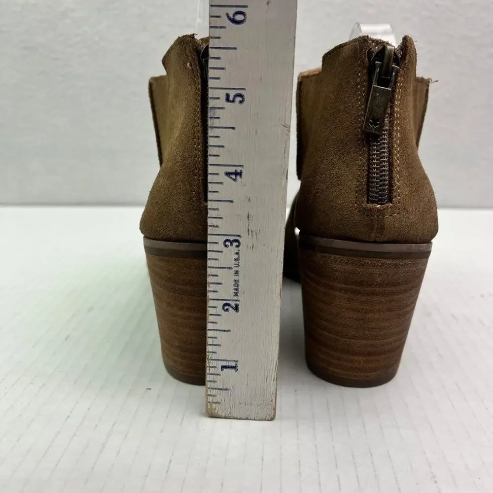 Lucky Brand Ankle Booties Womens 6.5 M Brown Keight Stacked Heel Open Toe Suede